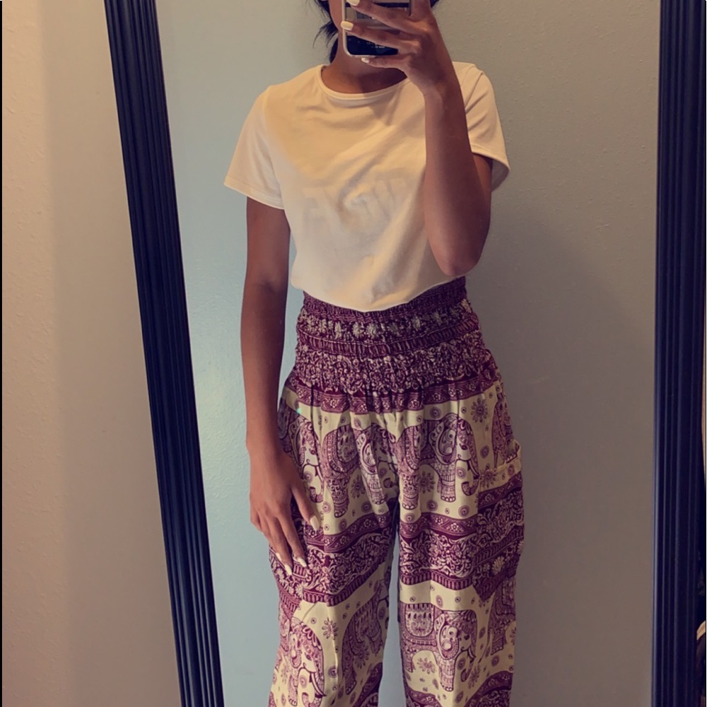 Dark red & cream colored elephant pants